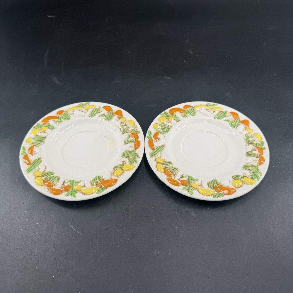 (2) Vintage 70’s Arnels Mushroom Ceramic Coffee Saucer Plate Orange Green 6”